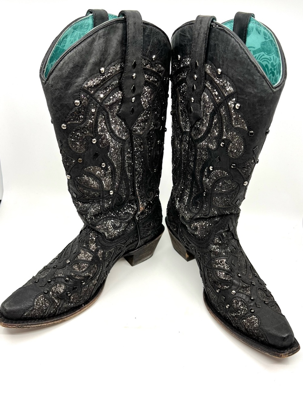 FLAWED Corral Ladies Black Leather Glitter Inlay and Studded Western Boots 8.5 M - Picture 7 of 16